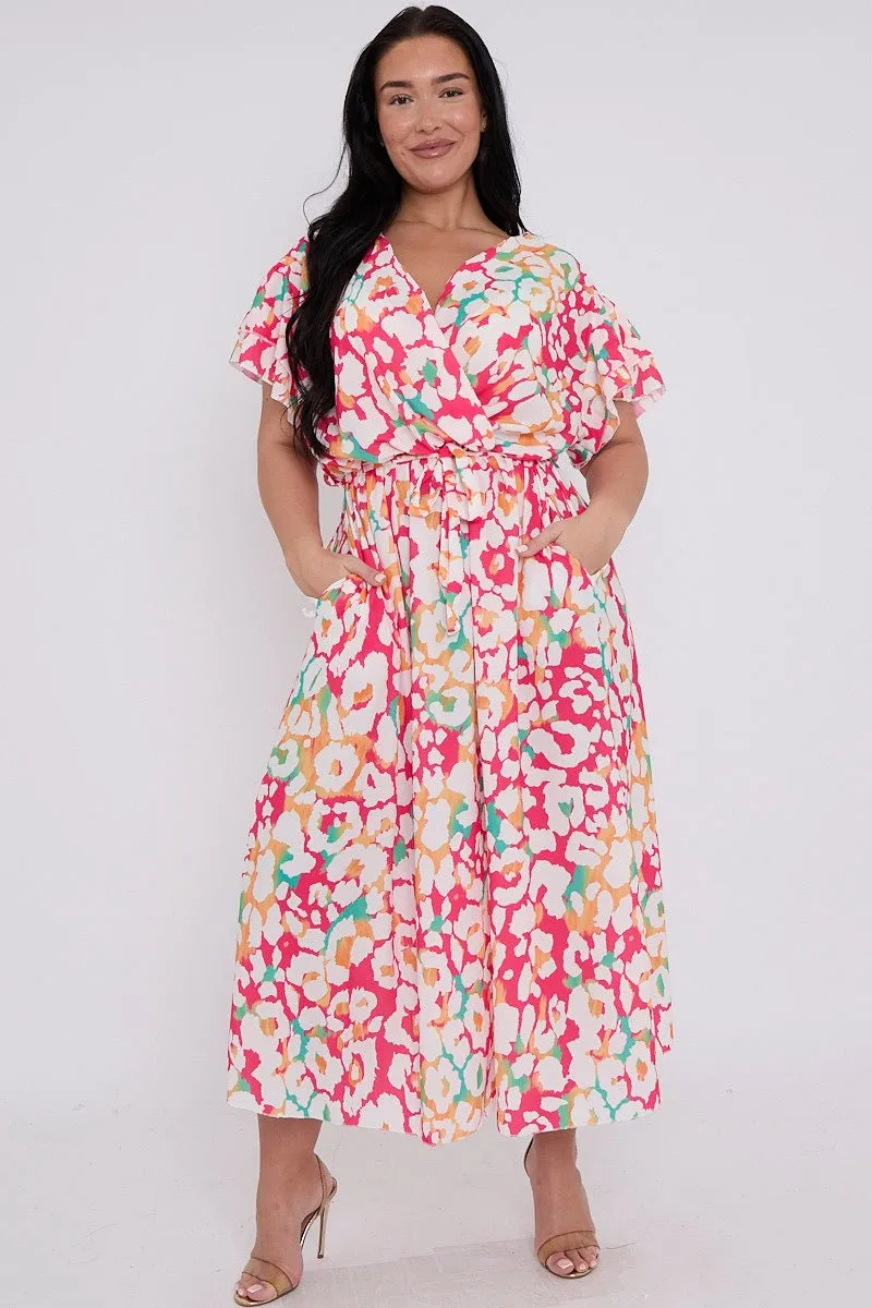 Plus Size Animal Printed Wrap Tie Waist Short Sleeve Dress With Pockets