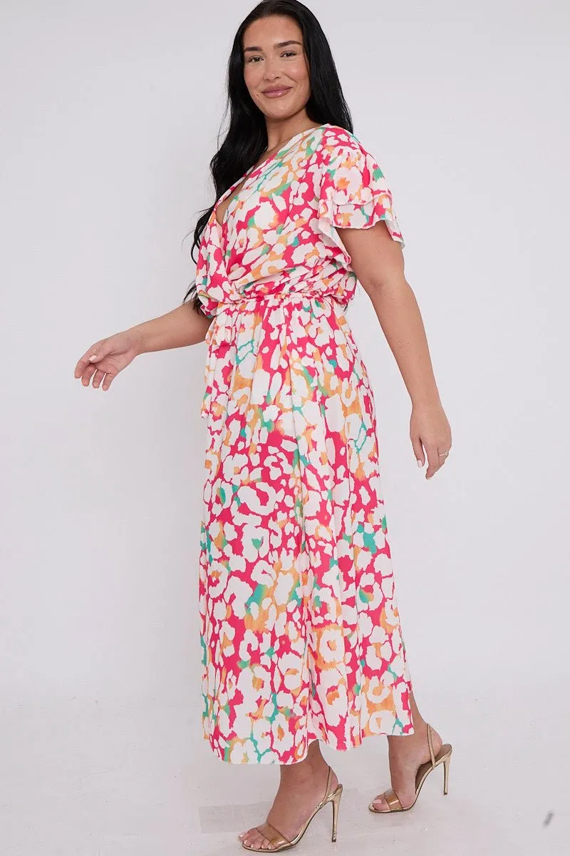 Plus Size Animal Printed Wrap Tie Waist Short Sleeve Dress With Pockets