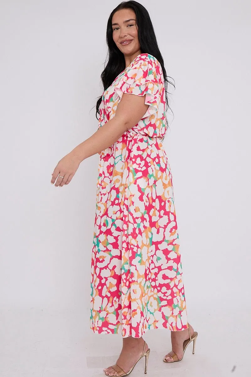 Plus Size Animal Printed Wrap Tie Waist Short Sleeve Dress With Pockets