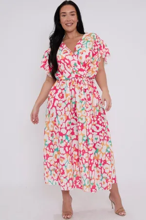 Plus Size Animal Printed Wrap Tie Waist Short Sleeve Dress With Pockets