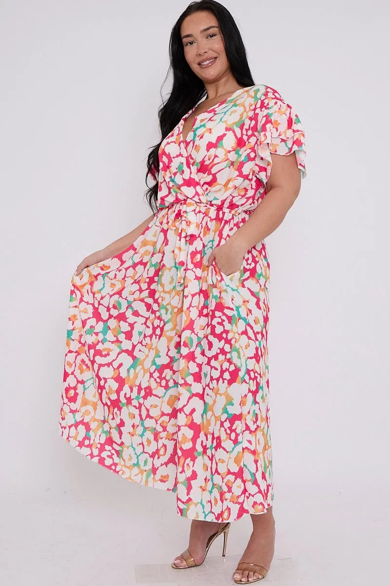 Plus Size Animal Printed Wrap Tie Waist Short Sleeve Dress With Pockets