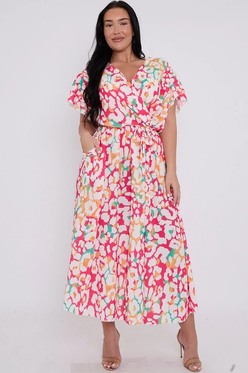 Plus Size Animal Printed Wrap Tie Waist Short Sleeve Dress With Pockets