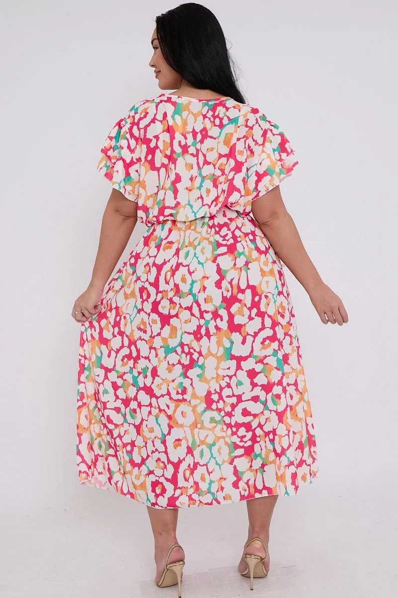 Plus Size Animal Printed Wrap Tie Waist Short Sleeve Dress With Pockets