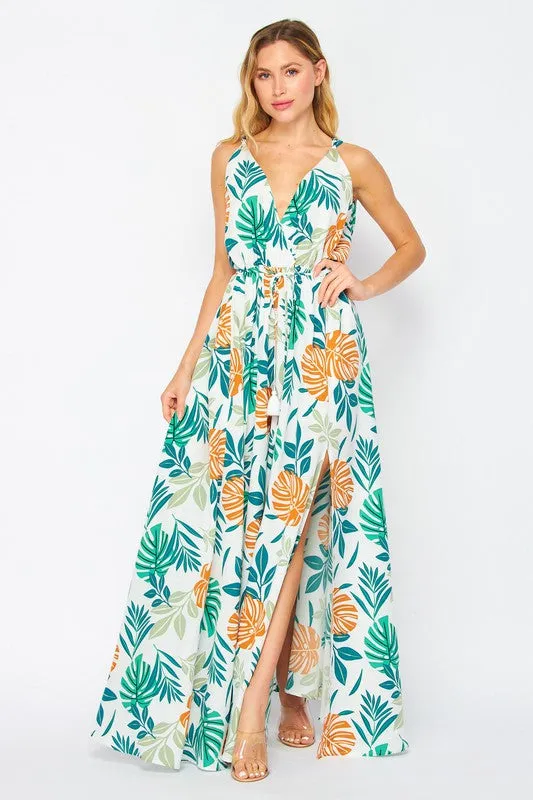 Print Sleeveless V Neck Wrap Maxi Dress