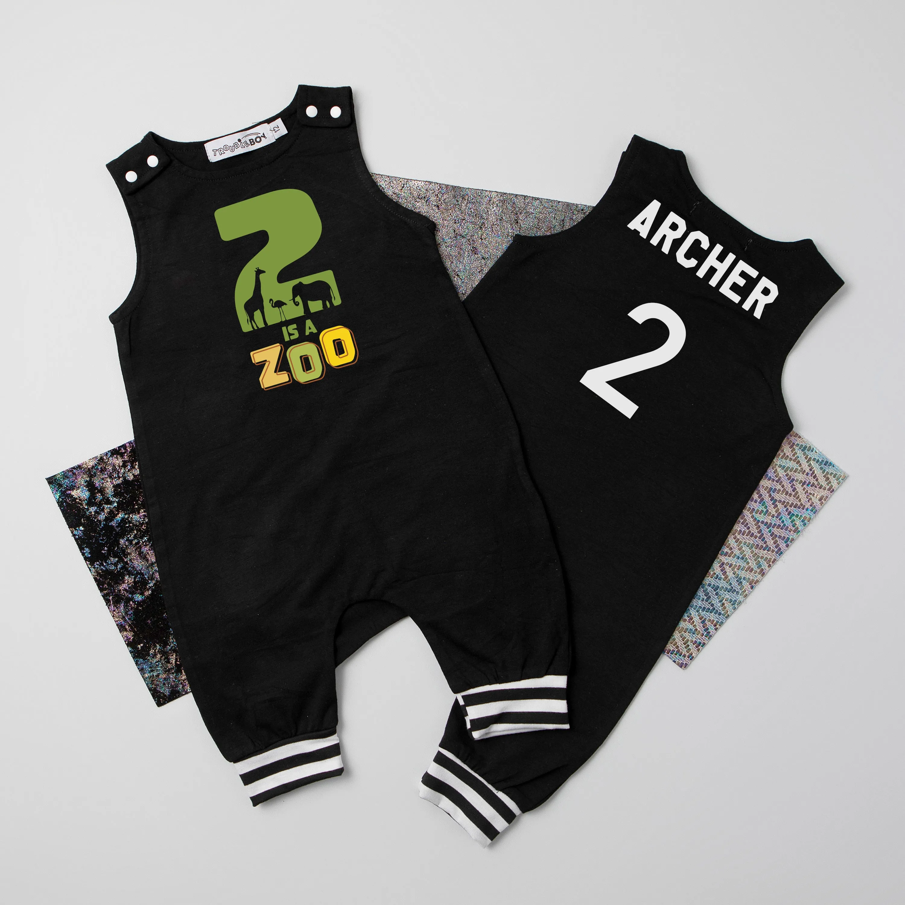 "2 is a Zoo" Personalized 2nd Birthday Romper with Striped Cuff