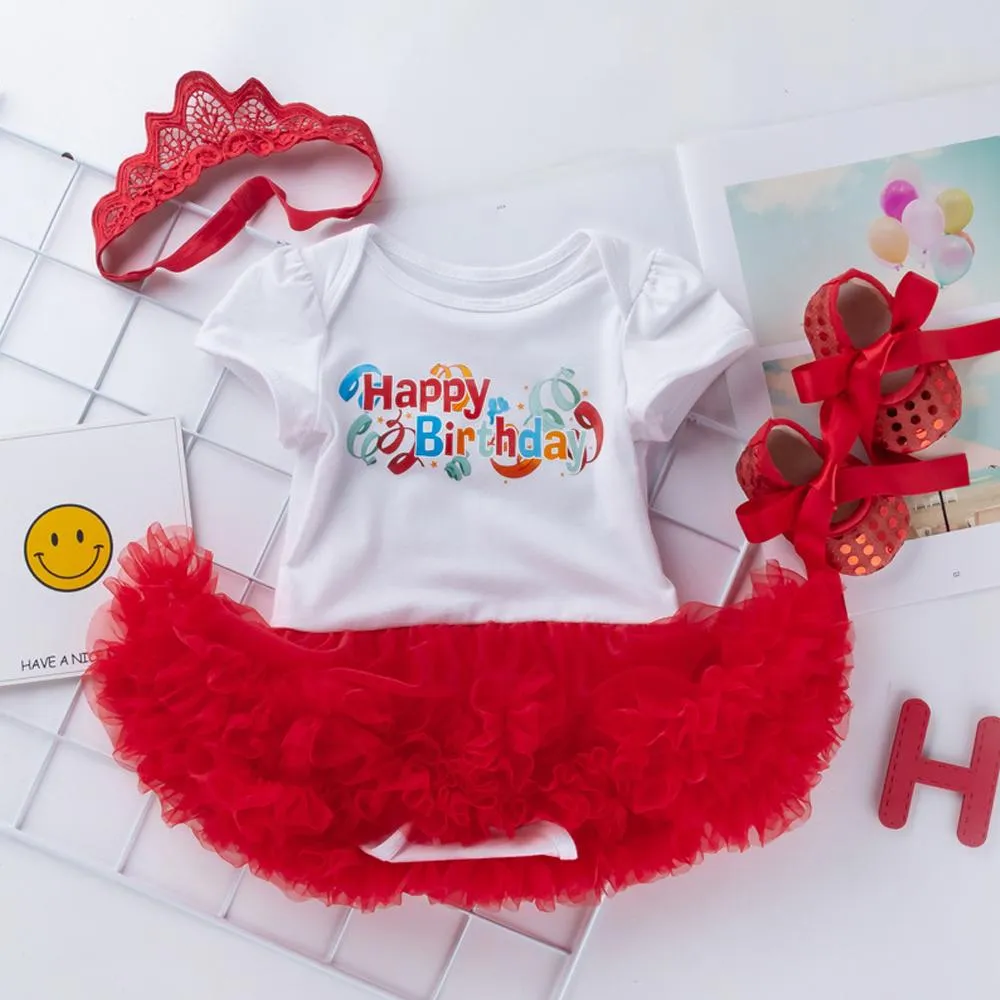 Red Baby Girls 3PCs Birthday Outfit Cotton Rromper Dress Rose Shoes and Lace Crown Headband