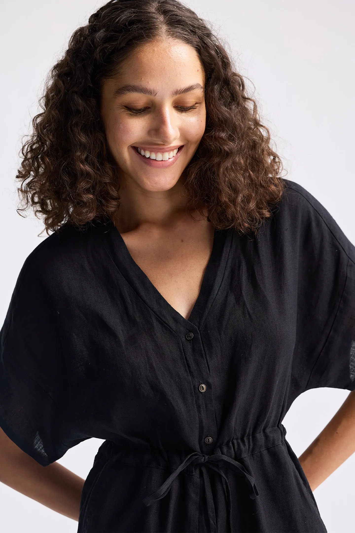 Reistor V neck Drawstring Romper in Black | NEW COLLECTION