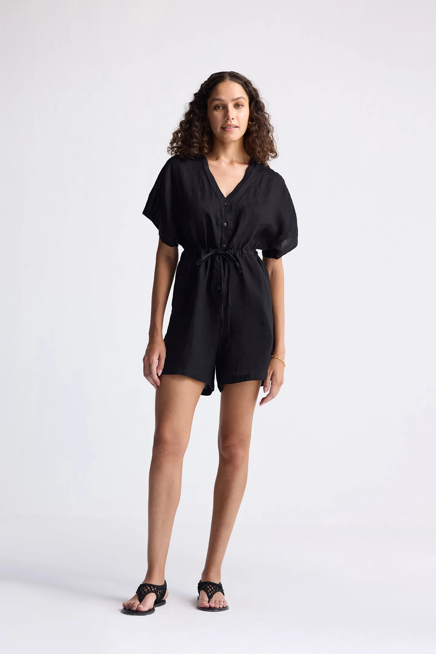 Reistor V neck Drawstring Romper in Black | NEW COLLECTION