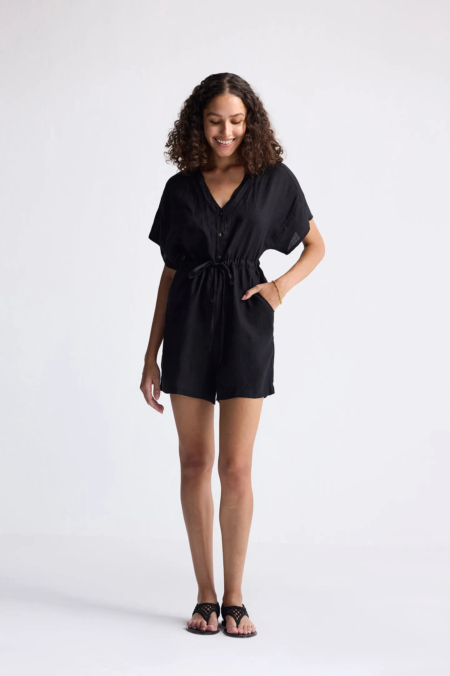 Reistor V neck Drawstring Romper in Black | NEW COLLECTION