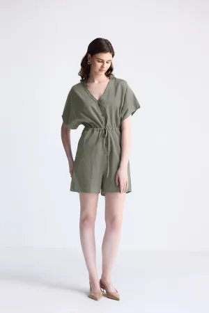 Reistor V neck Drawstring Romper in Dark Green | NEW COLLECTION