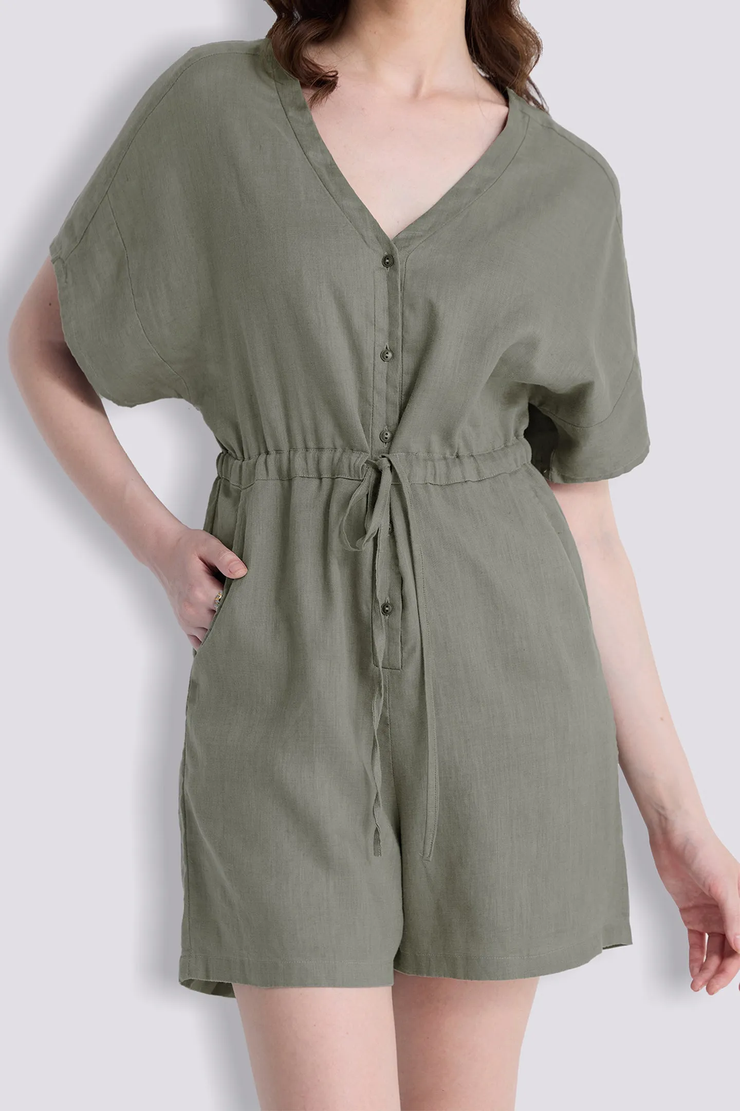 Reistor V neck Drawstring Romper in Dark Green | NEW COLLECTION