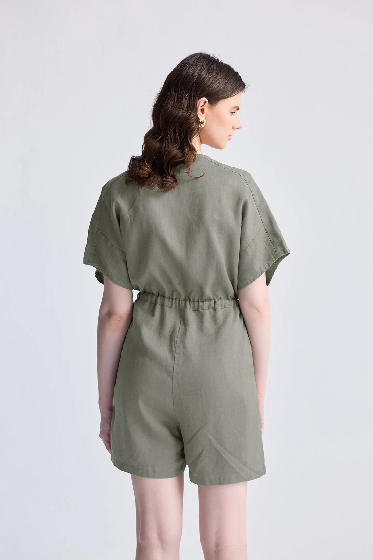 Reistor V neck Drawstring Romper in Dark Green | NEW COLLECTION