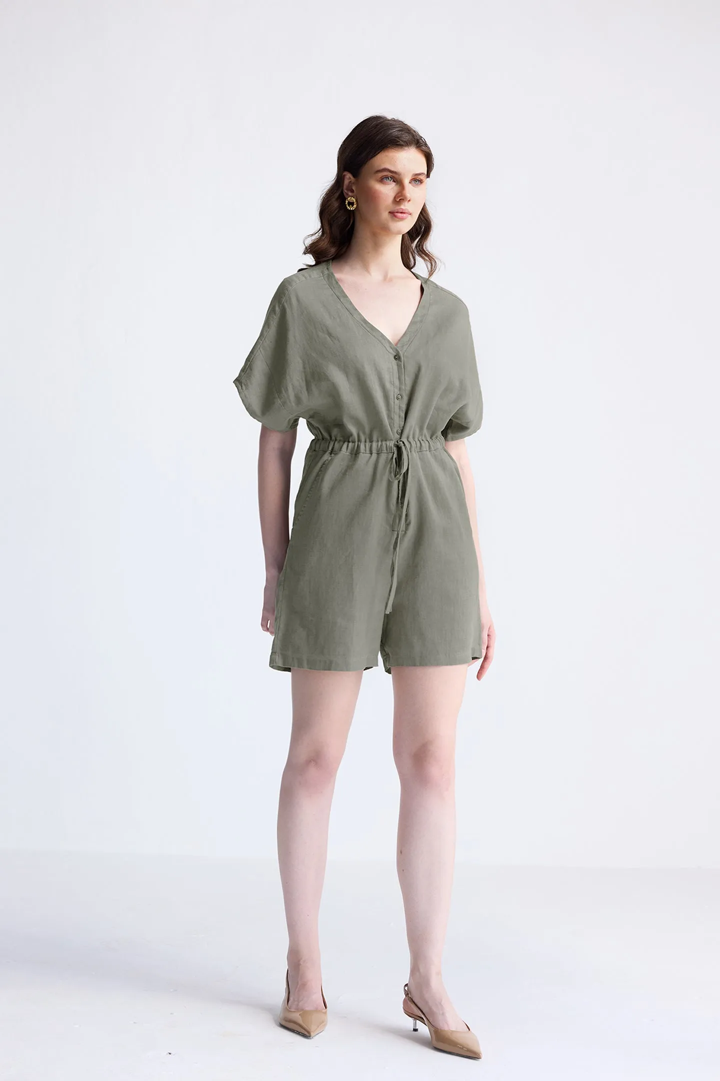 Reistor V neck Drawstring Romper in Dark Green | NEW COLLECTION