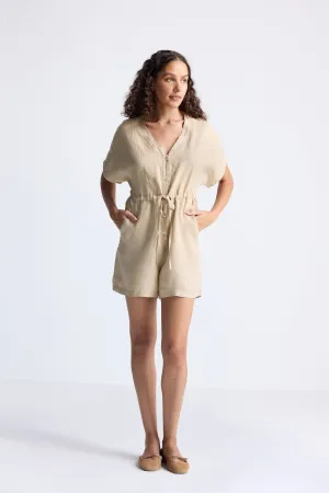 Reistor V neck Drawstring Romper in Neutral Beige | NEW COLLECTION