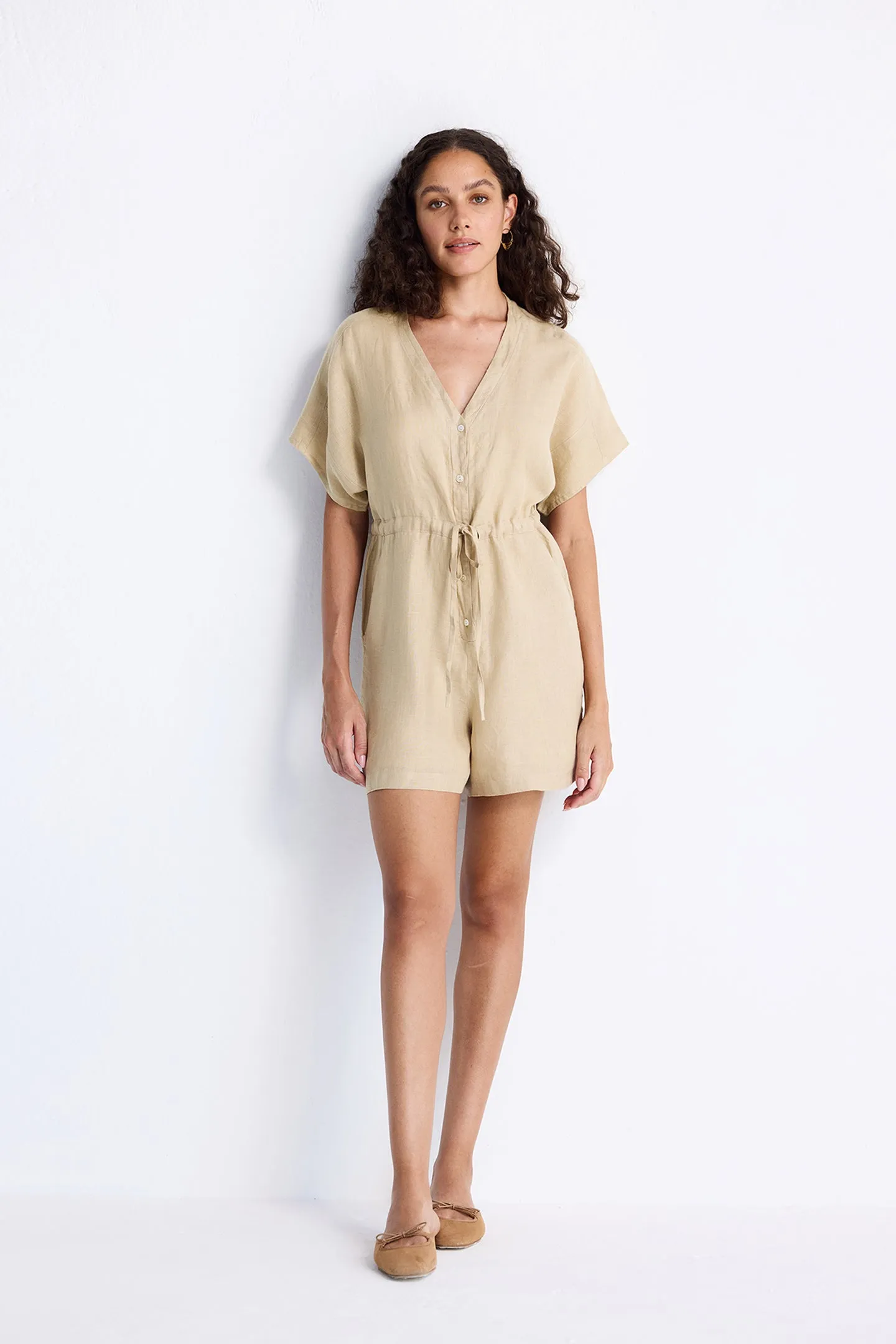 Reistor V neck Drawstring Romper in Neutral Beige | NEW COLLECTION