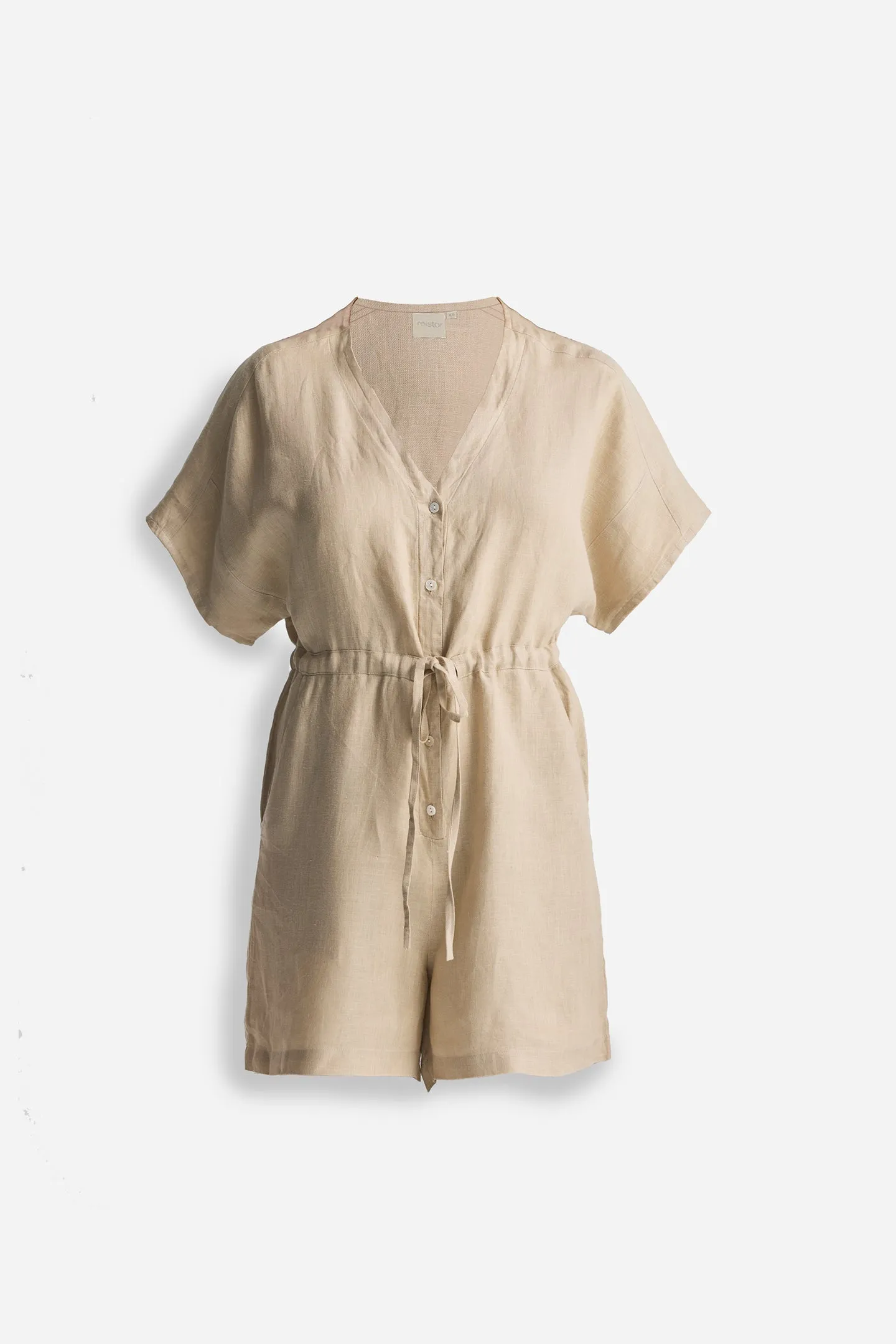 Reistor V neck Drawstring Romper in Neutral Beige | NEW COLLECTION