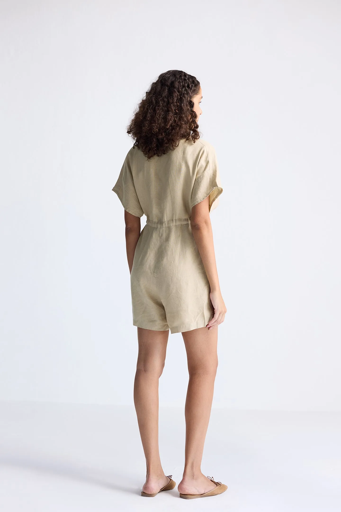 Reistor V neck Drawstring Romper in Neutral Beige | NEW COLLECTION