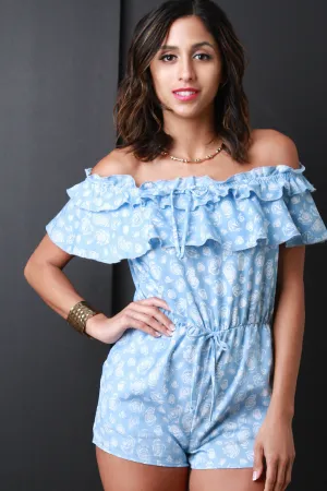 Rosette Print Ruffled Off-The-Shoulder Romper
