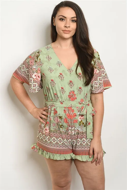 Sage Green Floral Plus Size Romper