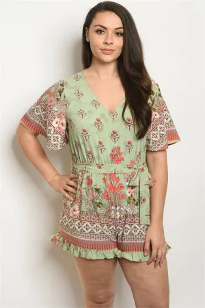 Sage Green Floral Plus Size Romper