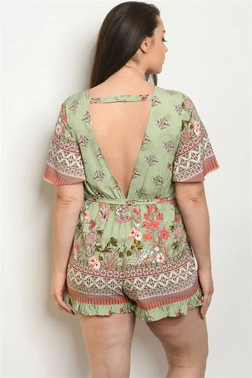Sage Green Floral Plus Size Romper