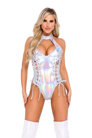 Silver Holographic Lace-Up Romper Festival Ravewear