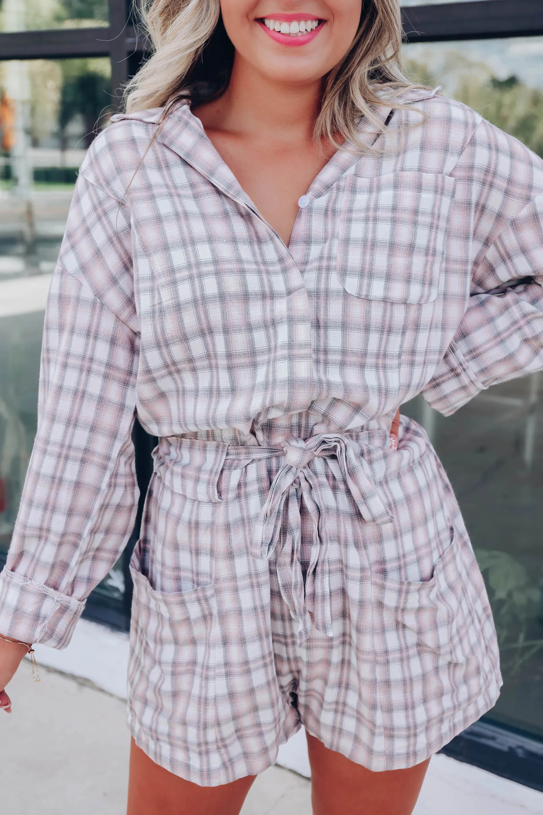 Simple Life Plaid Pocketed Romper - Grey