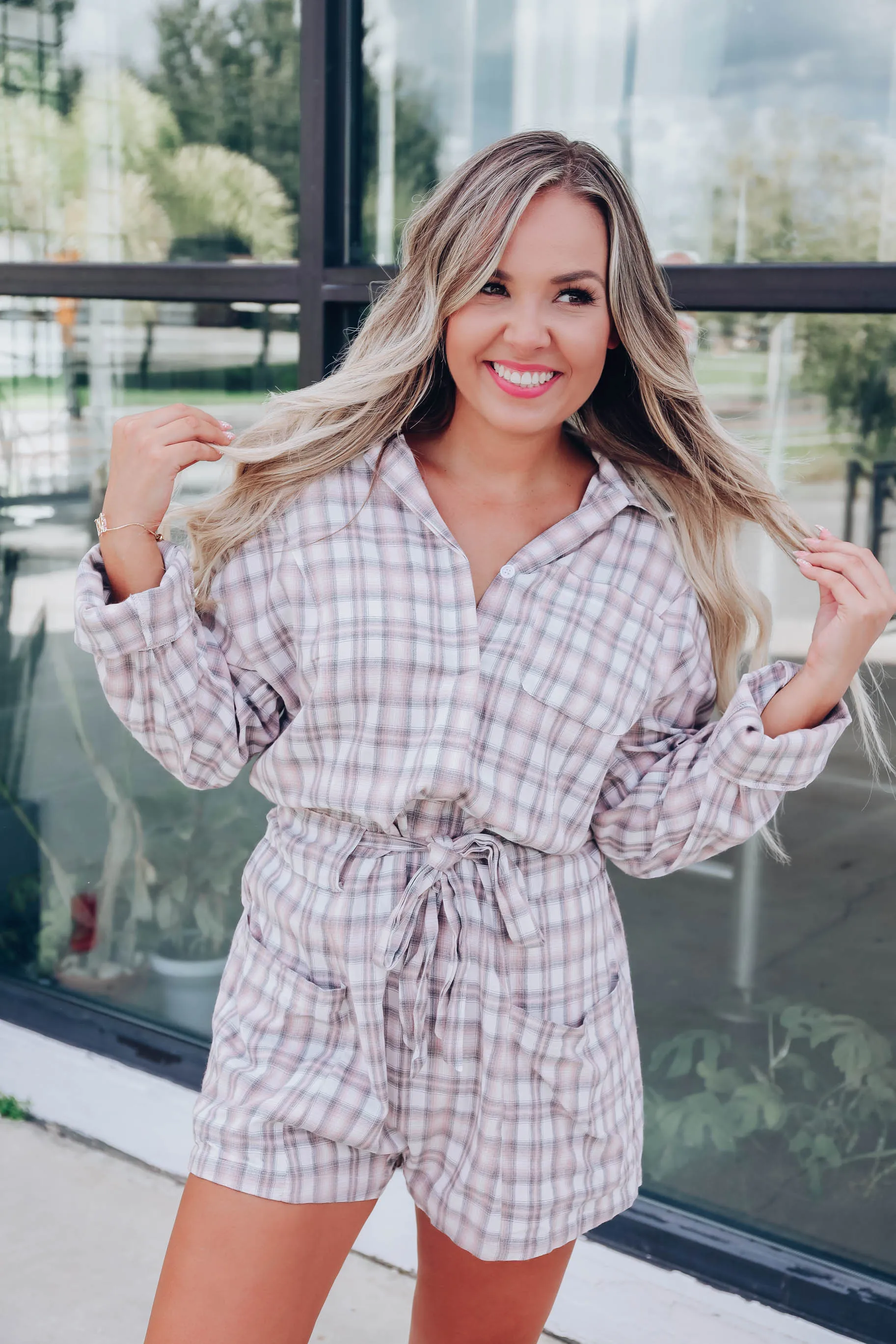 Simple Life Plaid Pocketed Romper - Grey