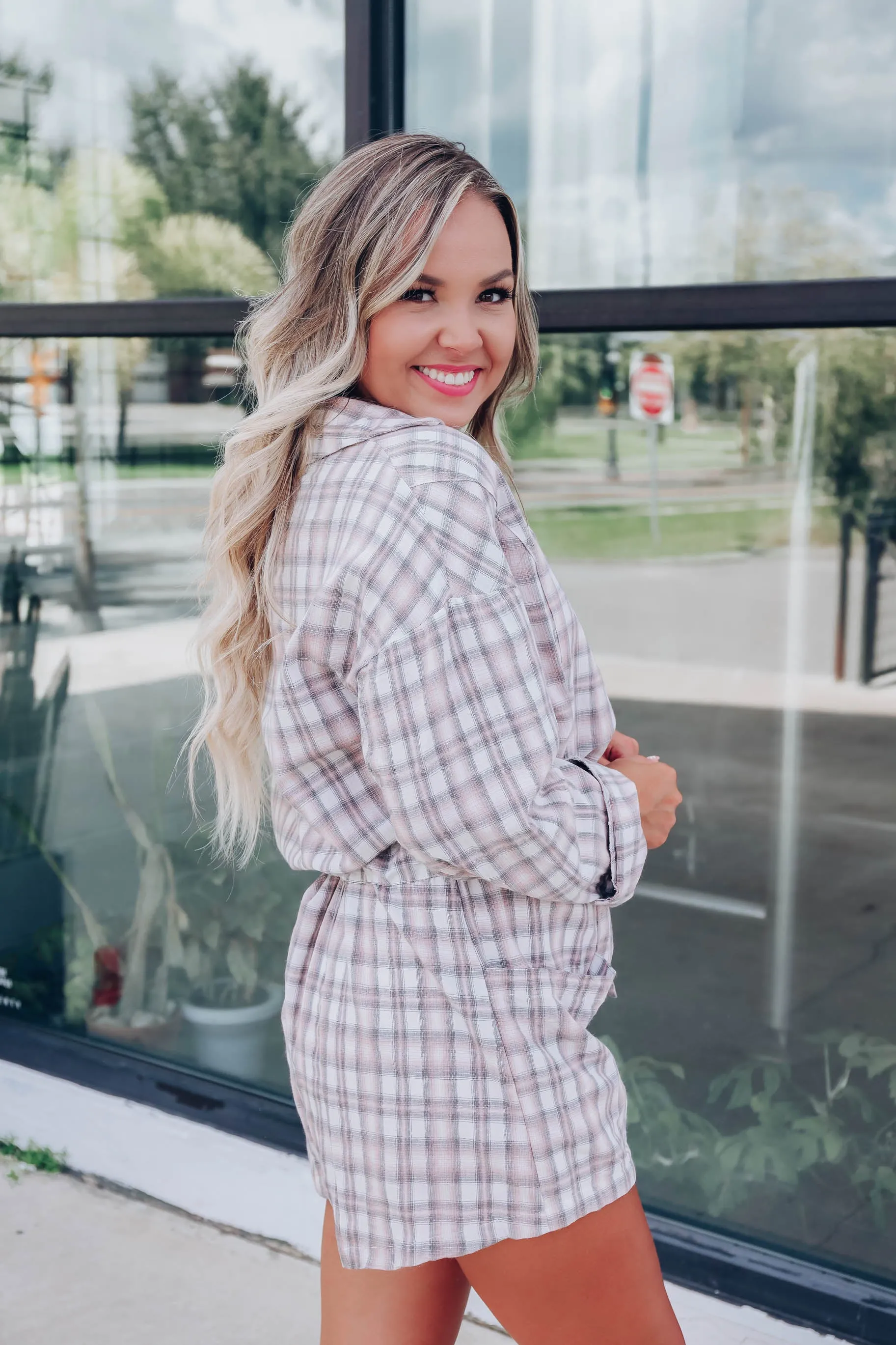 Simple Life Plaid Pocketed Romper - Grey