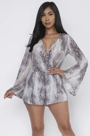 Snakeskin Animal Print Bell Sleeve Romper