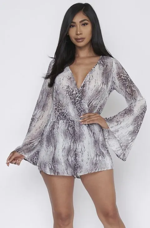 Snakeskin Animal Print Bell Sleeve Romper