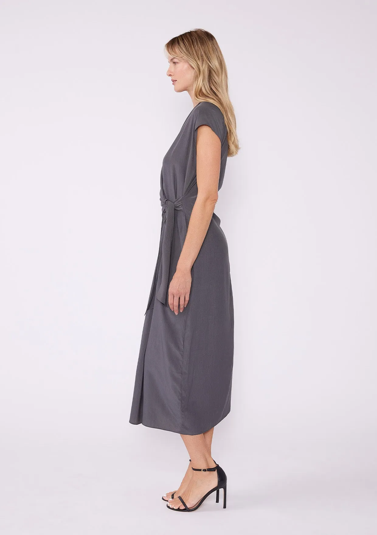Solid Dolman Cap Sleeve Midi Wrap Dress