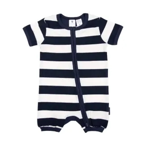 Stripe Short Sleeve Zip Romper Navy Stripe