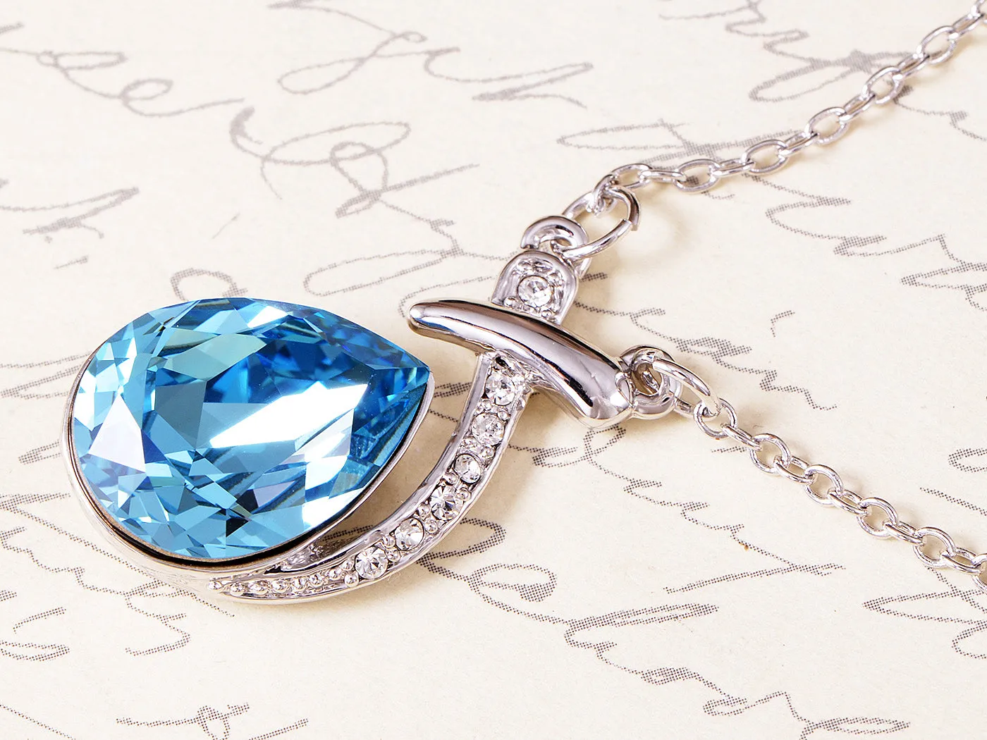 Swarovski Crystal Women's Blue Zircon Tear Drop Unique Abstract Necklace