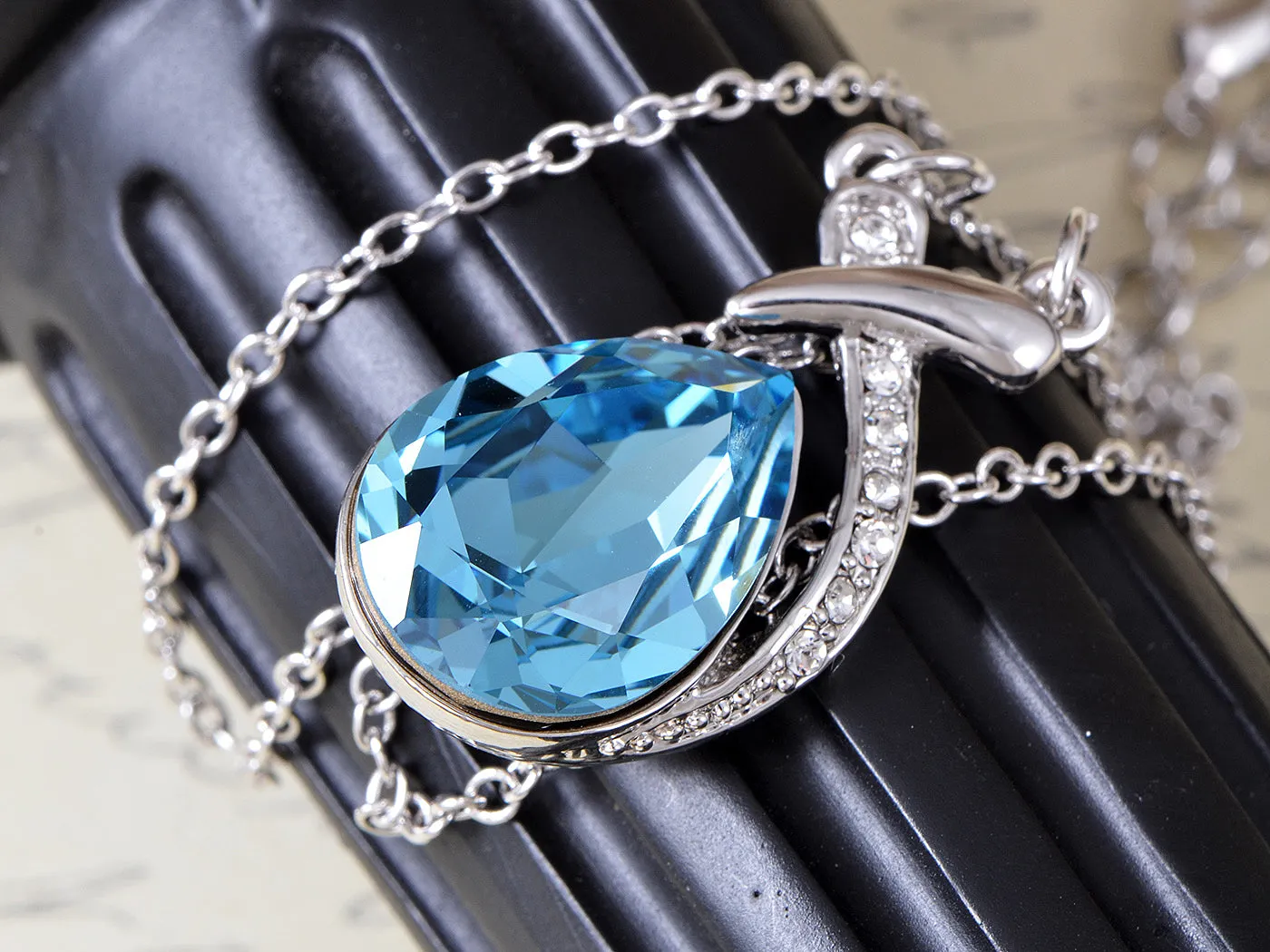 Swarovski Crystal Women's Blue Zircon Tear Drop Unique Abstract Necklace