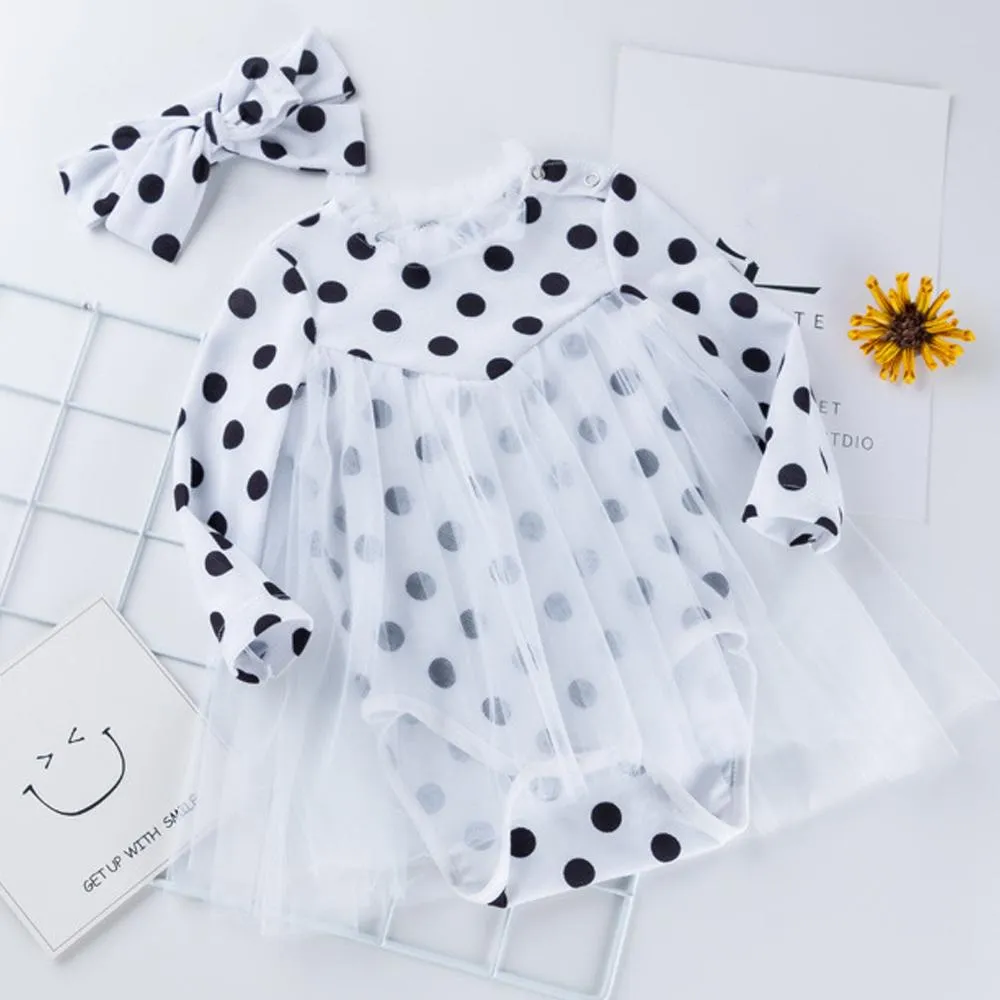 Toddler Infant Girl Swiss Dot Romper Dress and Headwear 2pcs Casual Dress Set