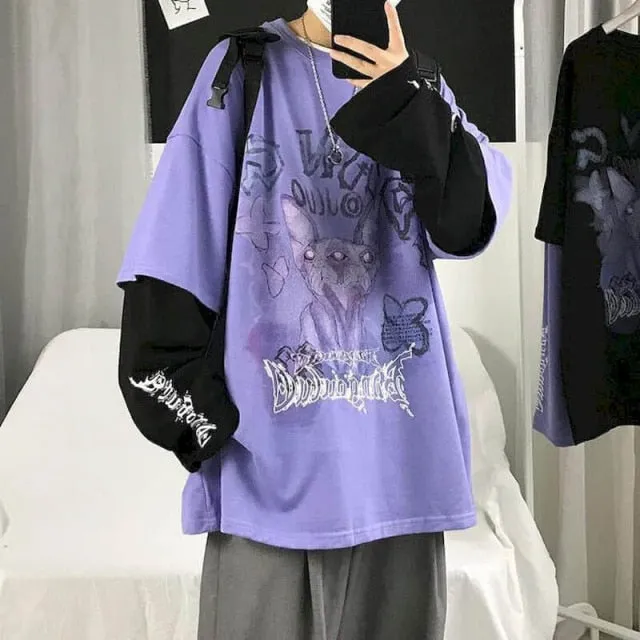 Voguable Autumn high street diablo long-sleeved men's fake two-piece t-shirt male students Korean loose clothes trendy men's clothing