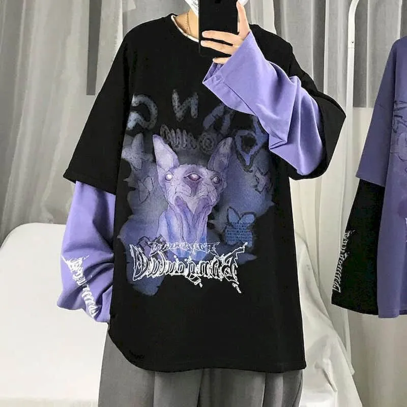 Voguable Autumn high street diablo long-sleeved men's fake two-piece t-shirt male students Korean loose clothes trendy men's clothing