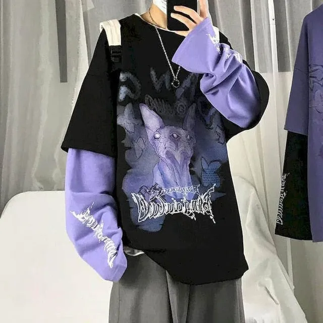 Voguable Autumn high street diablo long-sleeved men's fake two-piece t-shirt male students Korean loose clothes trendy men's clothing