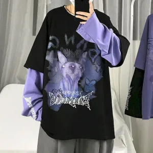 Voguable Autumn high street diablo long-sleeved men's fake two-piece t-shirt male students Korean loose clothes trendy men's clothing
