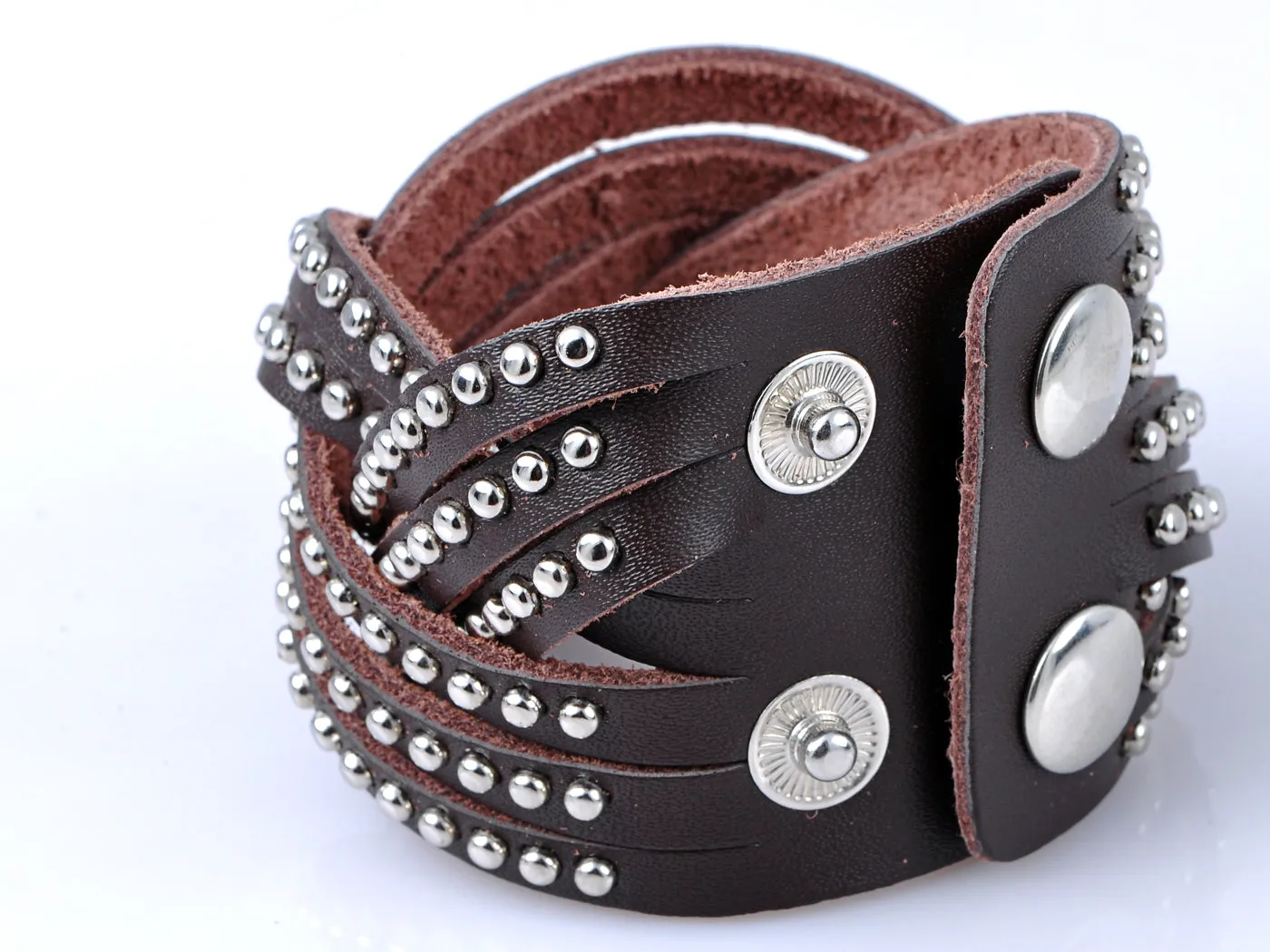 Western Country Brown Leather Layered Studded Snaps Wrap Cuff Bracelet