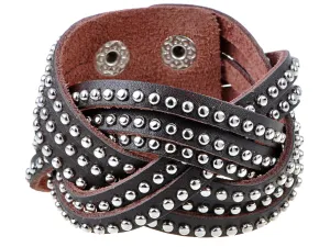 Western Country Brown Leather Layered Studded Snaps Wrap Cuff Bracelet