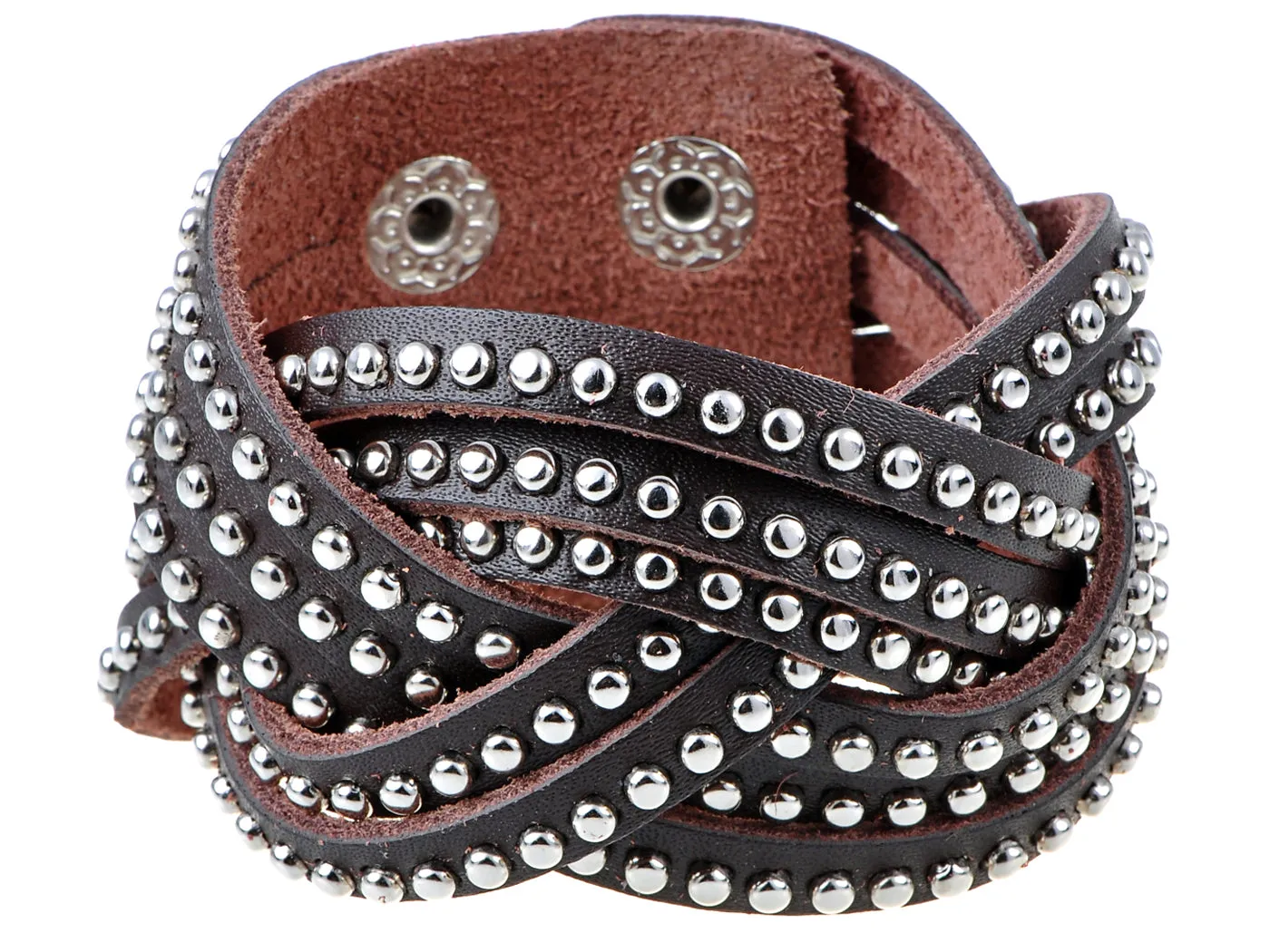 Western Country Brown Leather Layered Studded Snaps Wrap Cuff Bracelet