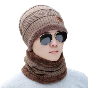 Winter Warm Knitted Beanie and Warm Scarf Set for Man - Khaki Color