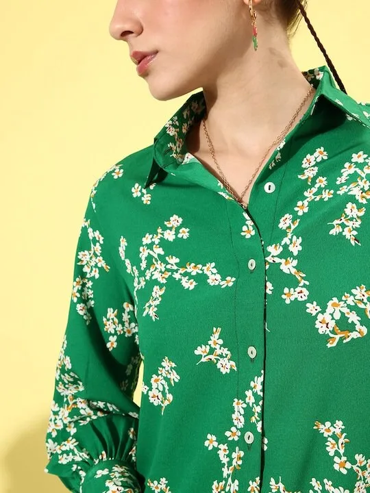 Women Green & White Floral Print Crepe Co-Ords Set