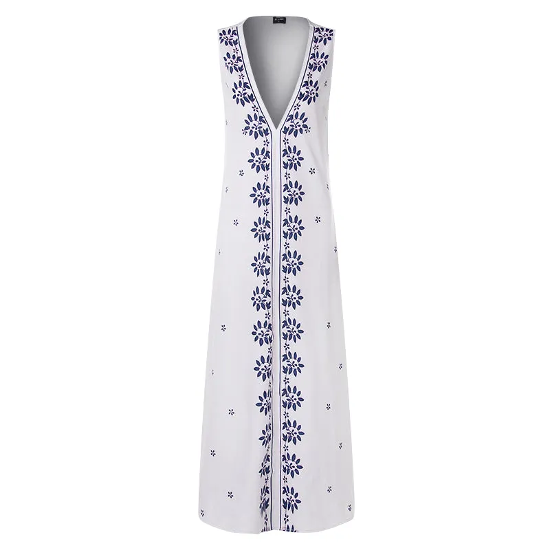 Women's Summer Casual V-Neck Loose Maxi Dress With Print