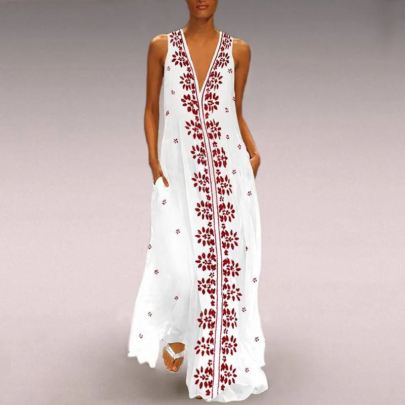 Women's Summer Casual V-Neck Loose Maxi Dress With Print