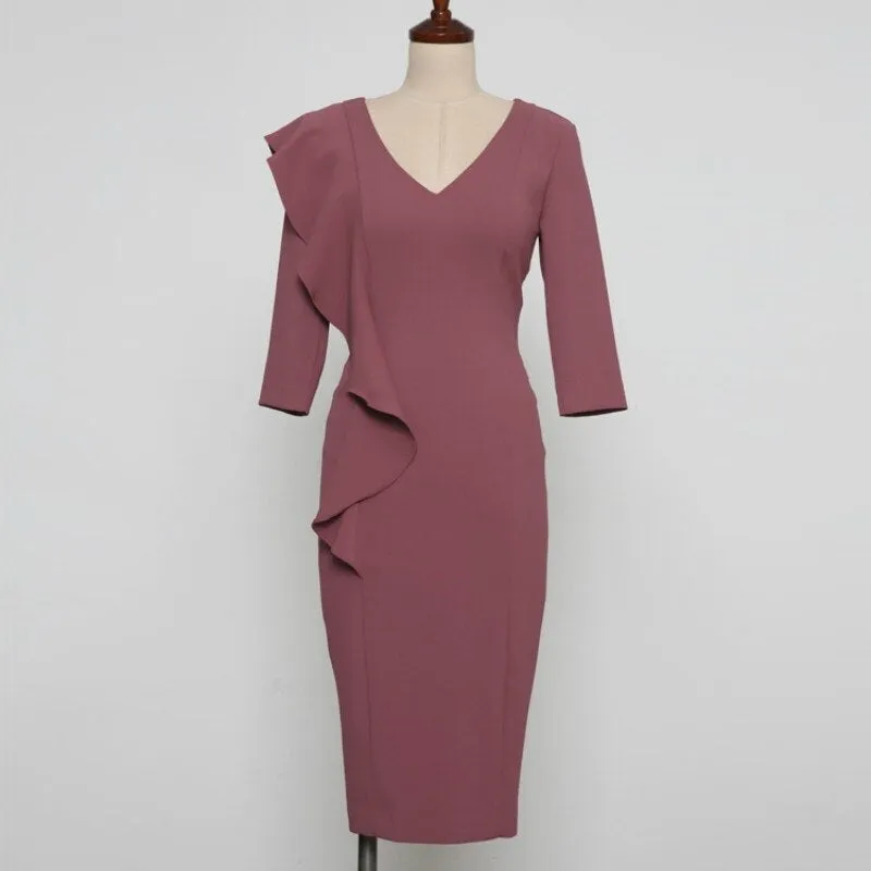 Women's Summer V-Neck Sheath Dress With Ruffles