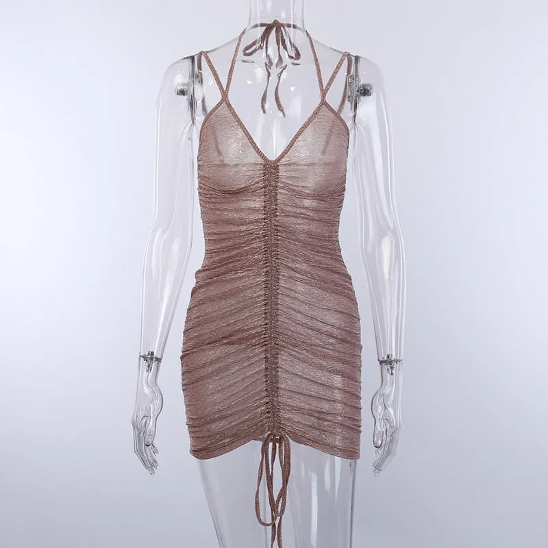 Women's V-Neck Mesh Sleeveless Skinny Mini Dress