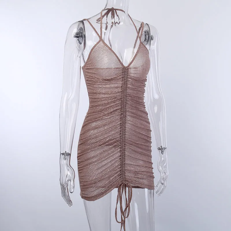 Women's V-Neck Mesh Sleeveless Skinny Mini Dress